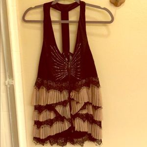 Zip-up Black & Tan Ruffled Razorback Blouse